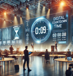 Countdown timer displayed on stage to manage smooth speaker transitions at a conference