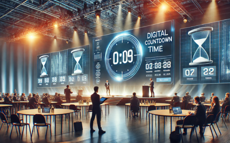 Countdown timer displayed on stage to manage smooth speaker transitions at a conference