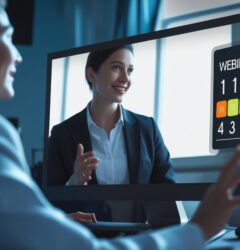 Presenter hosting a live webinar with a visible countdown timer on screen, helping manage session timing and audience engagement.