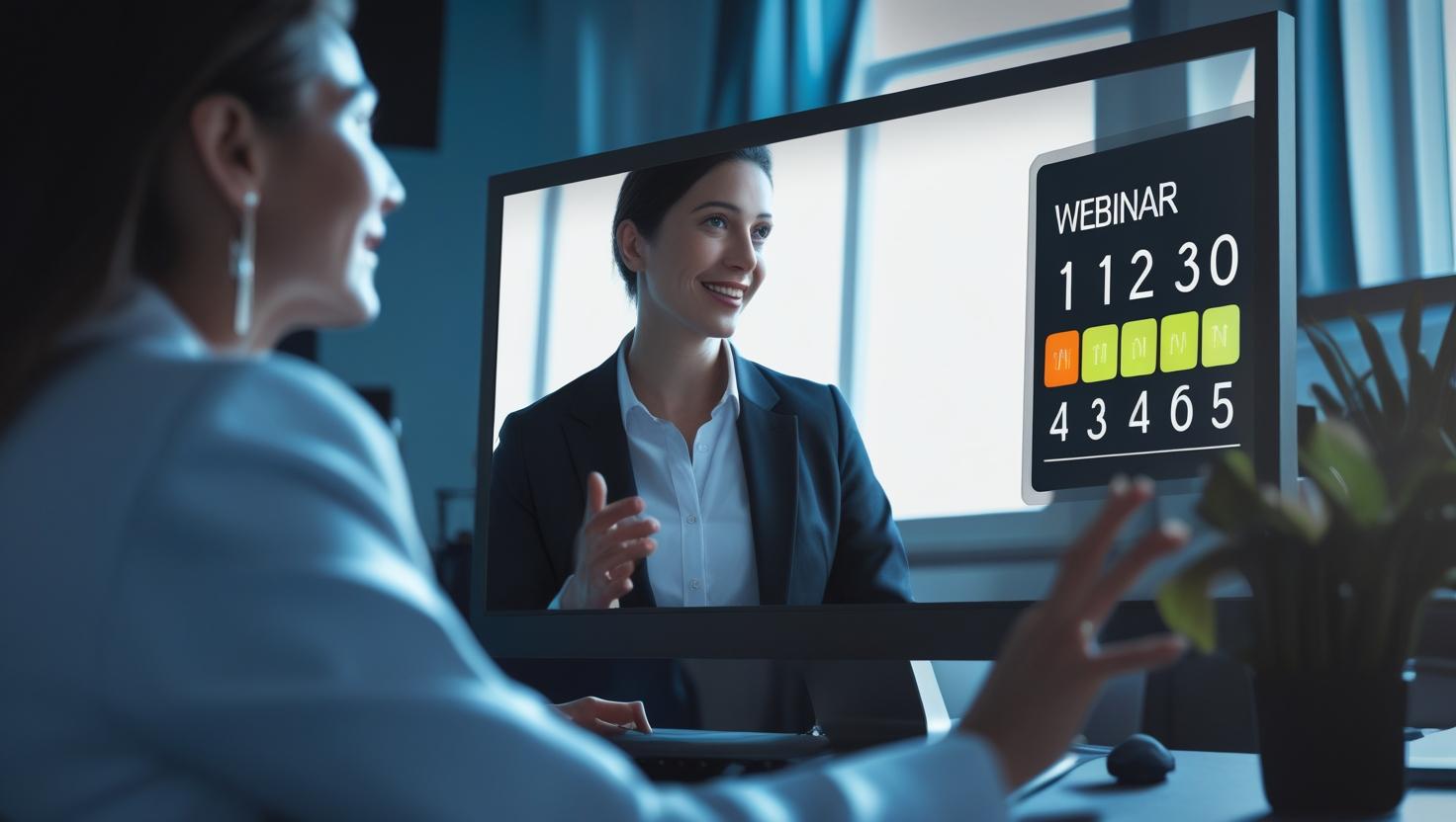 Presenter hosting a live webinar with a visible countdown timer on screen, helping manage session timing and audience engagement.
