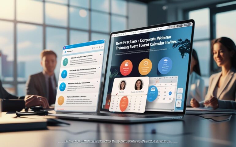 Professional sending calendar invites on a laptop for a corporate webinar, with training session details clearly displayed on the screen.