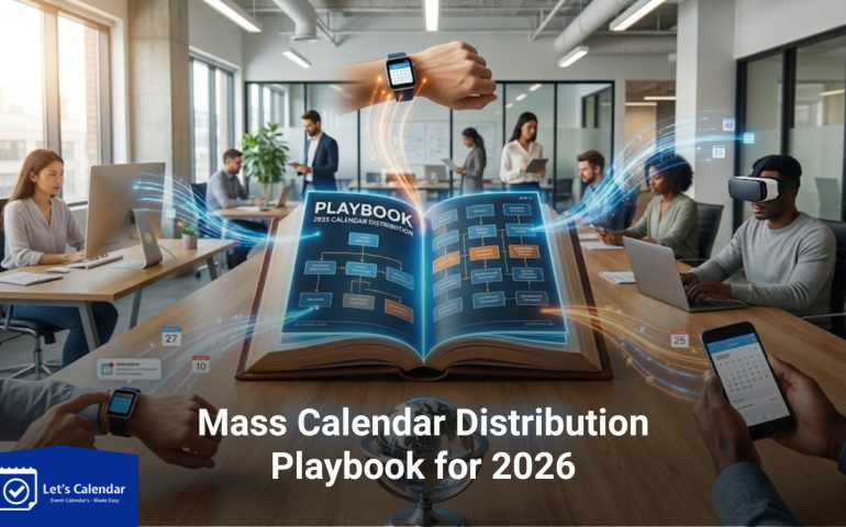 Mass calendar distribution strategy for 2026 showing bulk event invites, automated scheduling, and attendee engagement